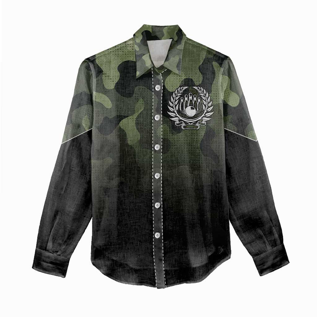 Camouflage Bowling Women Casual Shirt with Grunge American Flag and Pin Emblem in Military Green - Wonder Print Shop
