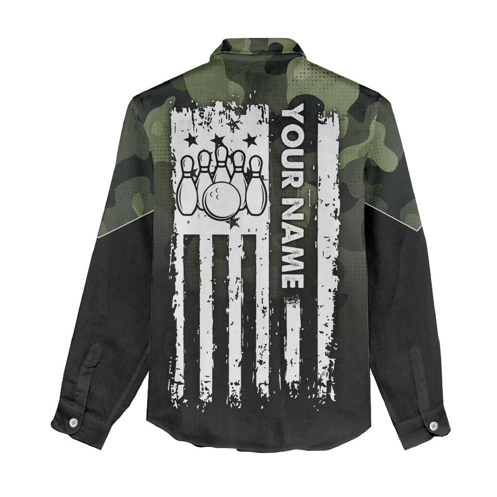 Camouflage Bowling Women Casual Shirt with Grunge American Flag and Pin Emblem in Military Green - Wonder Print Shop
