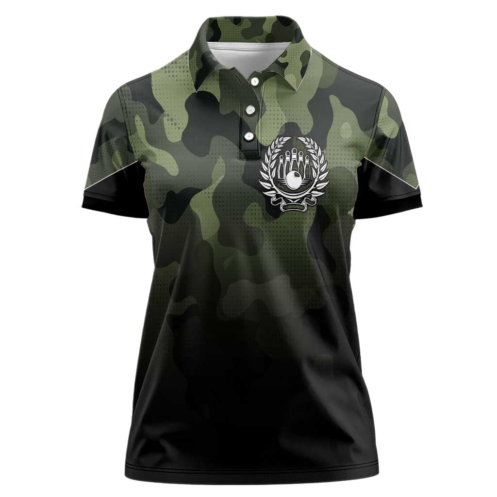 Camouflage Bowling Women Polo Shirt with Grunge American Flag and Pin Emblem in Military Green - Wonder Print Shop