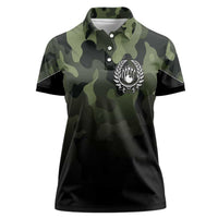 Camouflage Bowling Women Polo Shirt with Grunge American Flag and Pin Emblem in Military Green - Wonder Print Shop