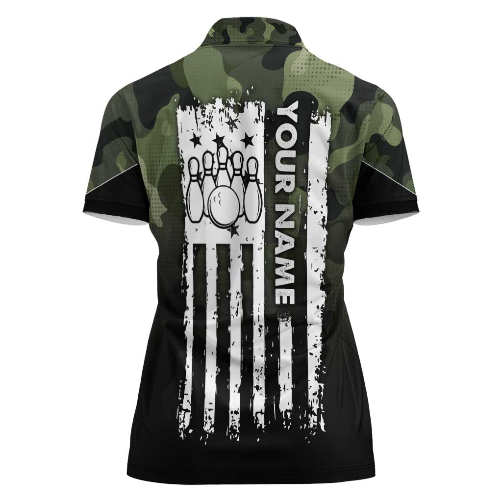 Camouflage Bowling Women Polo Shirt with Grunge American Flag and Pin Emblem in Military Green - Wonder Print Shop