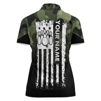 Camouflage Bowling Women Polo Shirt with Grunge American Flag and Pin Emblem in Military Green - Wonder Print Shop