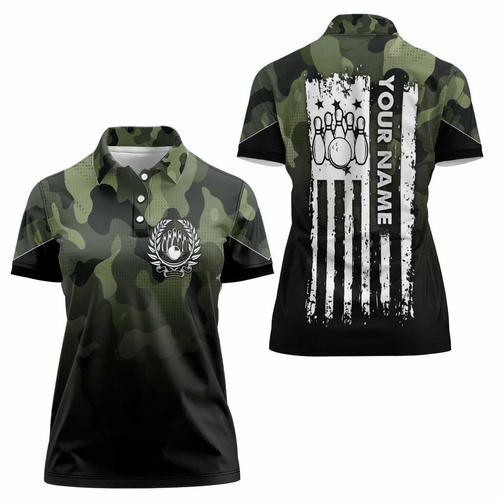 Camouflage Bowling Women Polo Shirt with Grunge American Flag and Pin Emblem in Military Green - Wonder Print Shop