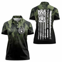 Camouflage Bowling Women Polo Shirt with Grunge American Flag and Pin Emblem in Military Green - Wonder Print Shop