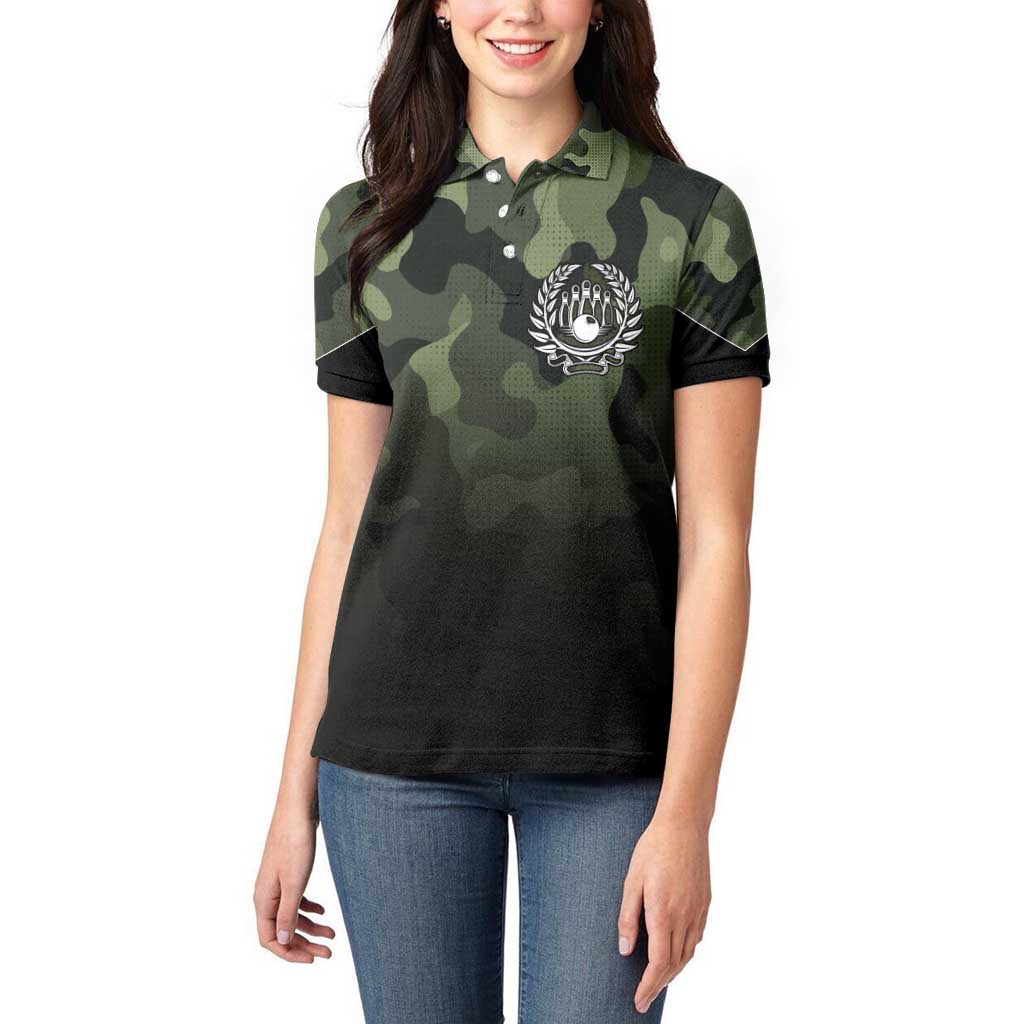 Camouflage Bowling Women Polo Shirt with Grunge American Flag and Pin Emblem in Military Green - Wonder Print Shop