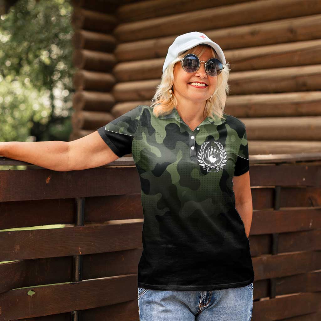 Camouflage Bowling Women Polo Shirt with Grunge American Flag and Pin Emblem in Military Green - Wonder Print Shop