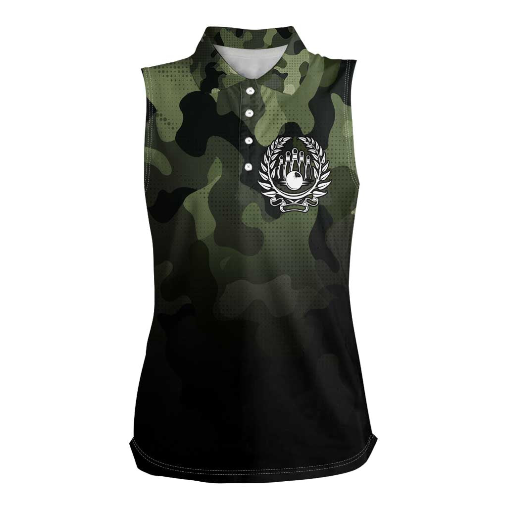 Camouflage Bowling Women Sleeveless Polo Shirt with Grunge American Flag and Pin Emblem in Military Green - Wonder Print Shop