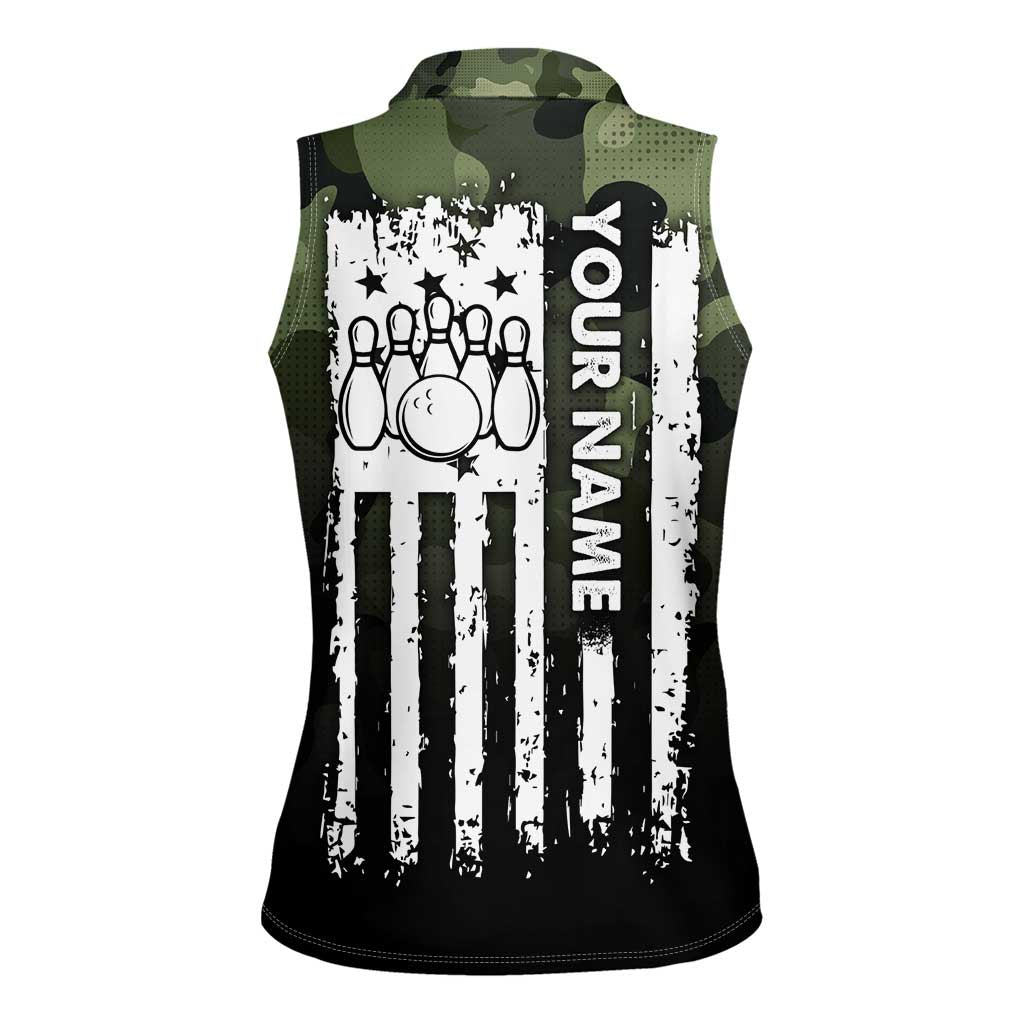 Camouflage Bowling Women Sleeveless Polo Shirt with Grunge American Flag and Pin Emblem in Military Green - Wonder Print Shop
