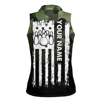 Camouflage Bowling Women Sleeveless Polo Shirt with Grunge American Flag and Pin Emblem in Military Green - Wonder Print Shop
