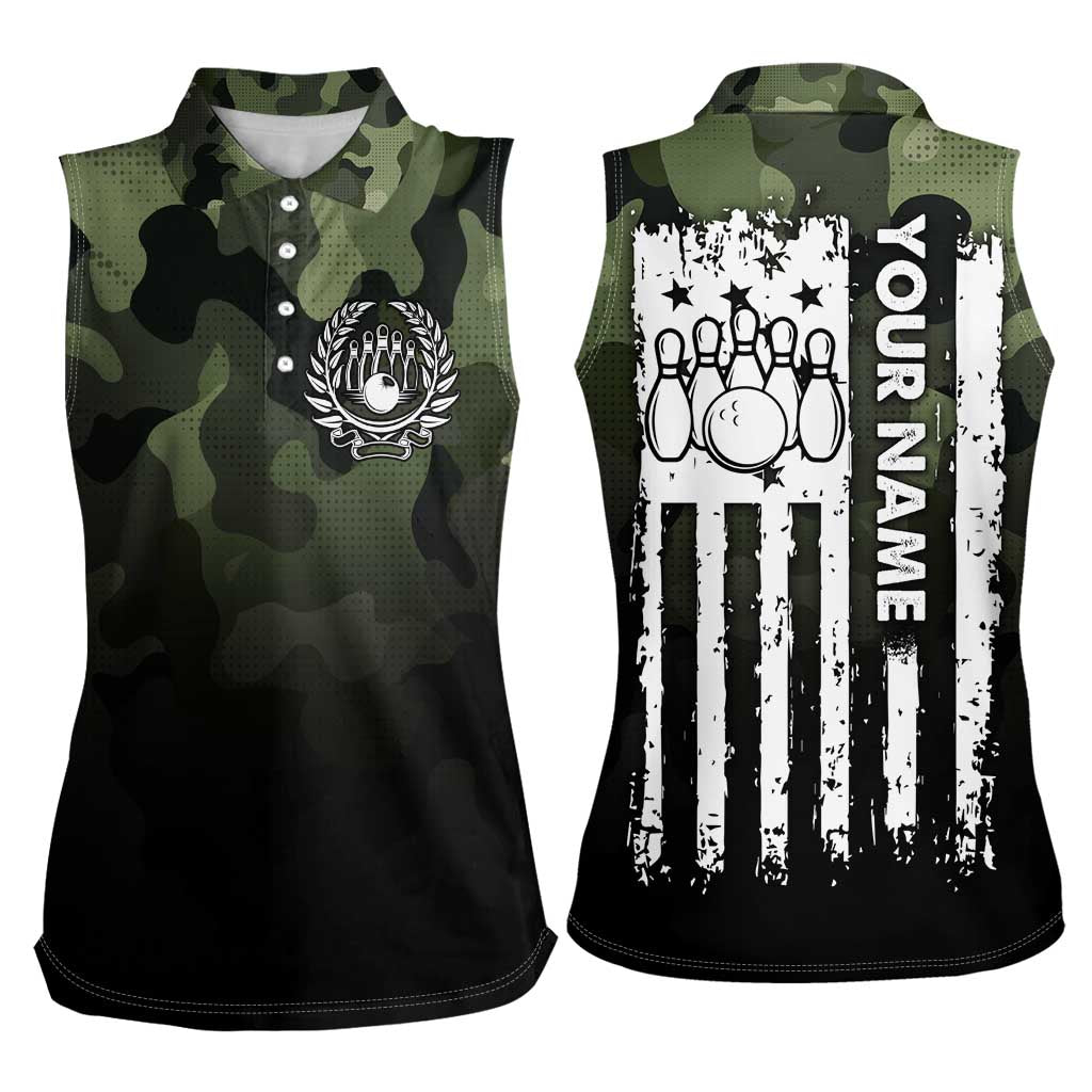 Camouflage Bowling Women Sleeveless Polo Shirt with Grunge American Flag and Pin Emblem in Military Green - Wonder Print Shop