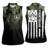 Camouflage Bowling Women Sleeveless Polo Shirt with Grunge American Flag and Pin Emblem in Military Green - Wonder Print Shop