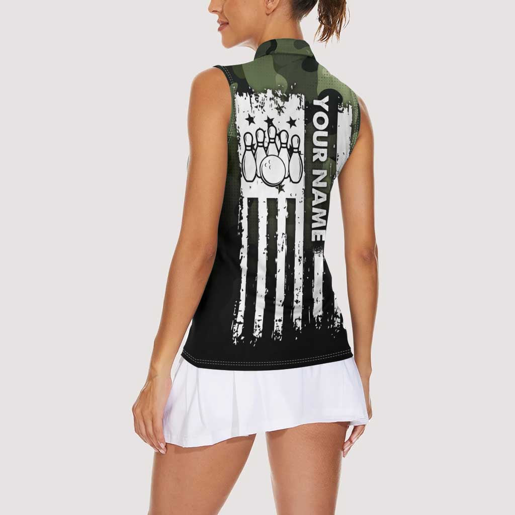 Camouflage Bowling Women Sleeveless Polo Shirt with Grunge American Flag and Pin Emblem in Military Green - Wonder Print Shop