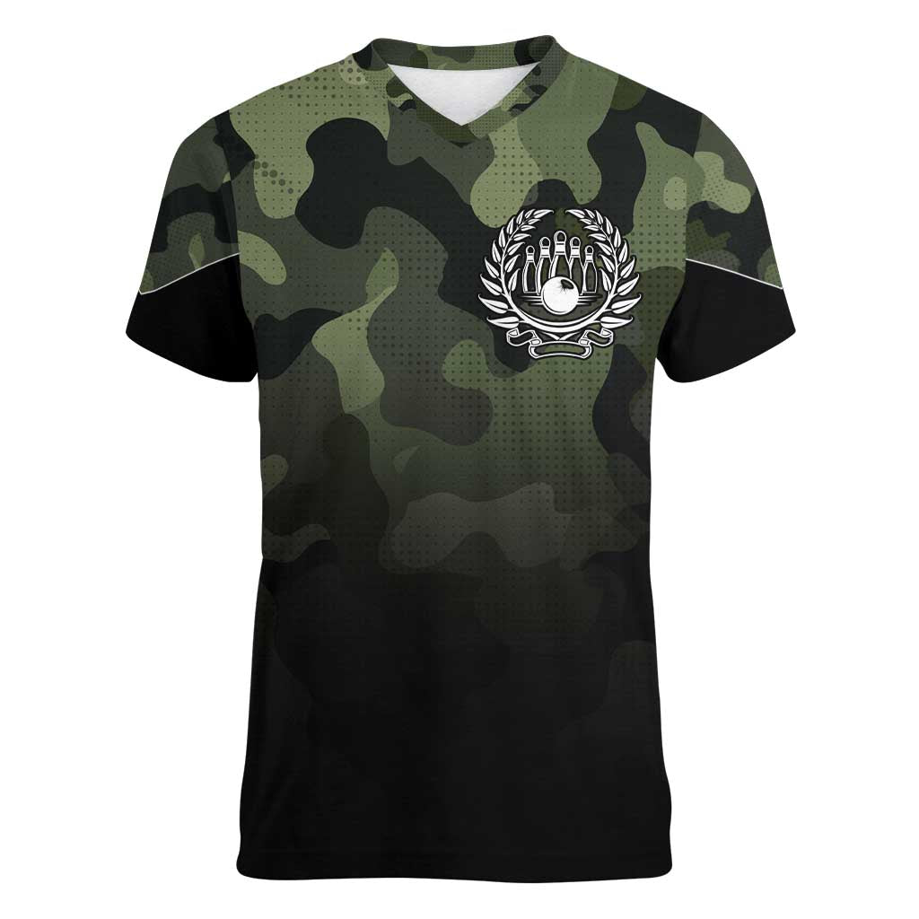 Camouflage Bowling Women V-Neck T-Shirt with Grunge American Flag and Pin Emblem in Military Green - Wonder Print Shop