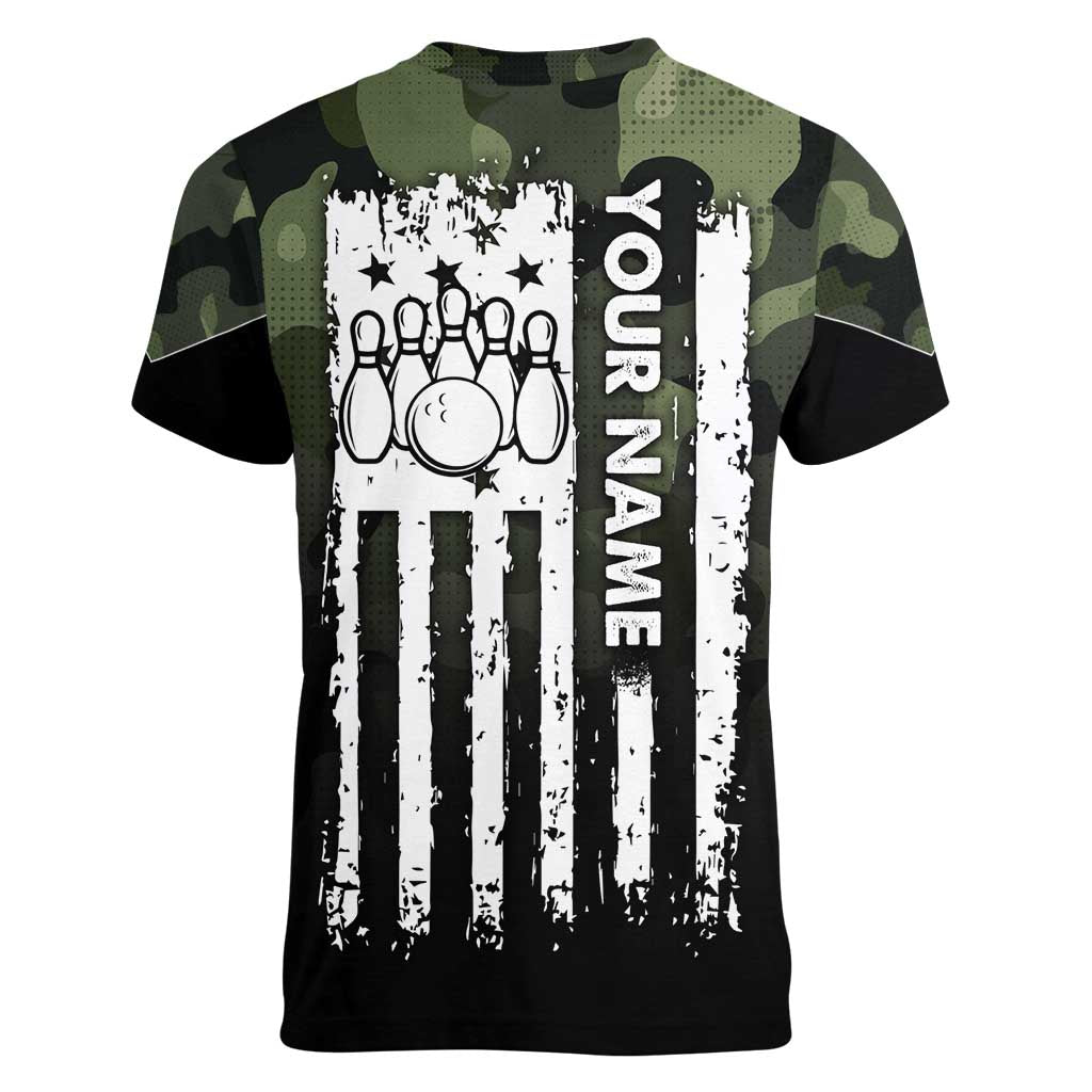 Camouflage Bowling Women V-Neck T-Shirt with Grunge American Flag and Pin Emblem in Military Green - Wonder Print Shop