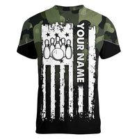 Camouflage Bowling Women V-Neck T-Shirt with Grunge American Flag and Pin Emblem in Military Green - Wonder Print Shop