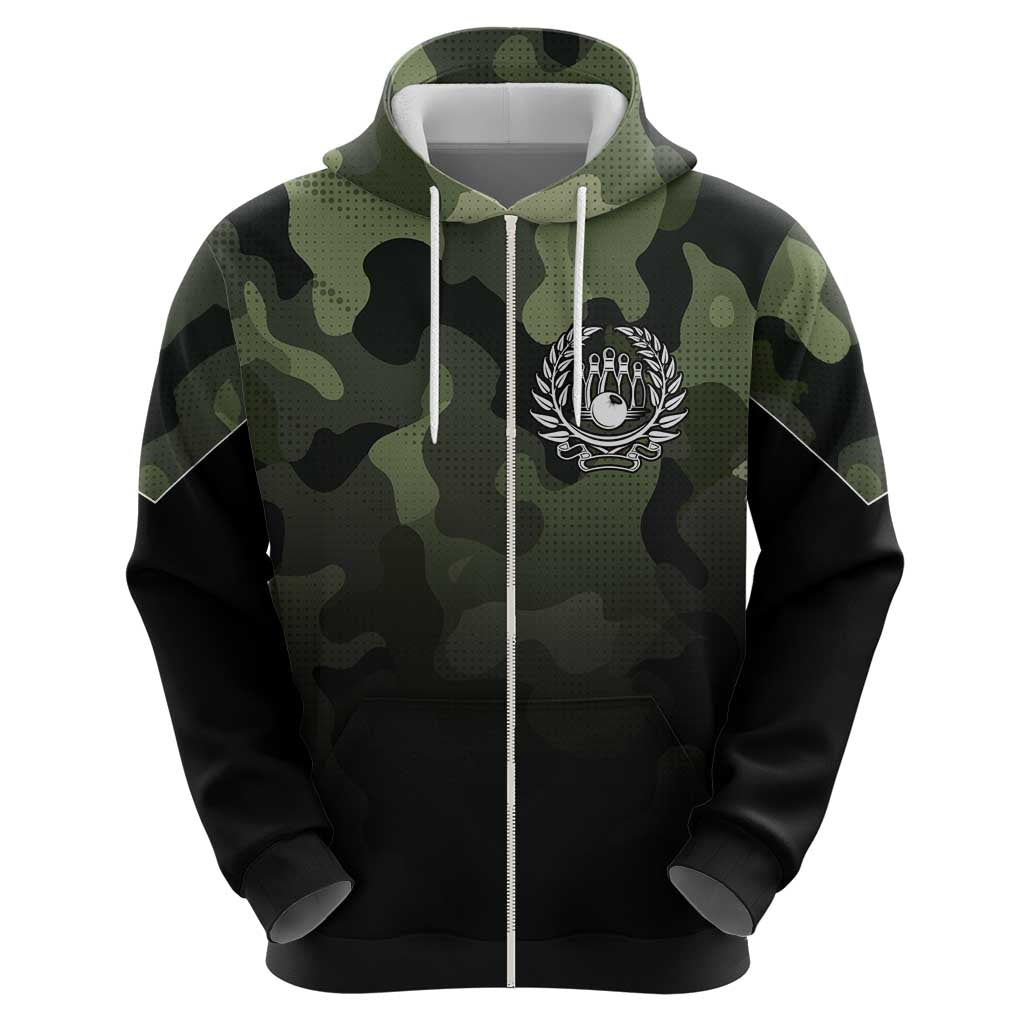 Camouflage Bowling Zip Hoodie with Grunge American Flag and Pin Emblem in Military Green - Wonder Print Shop