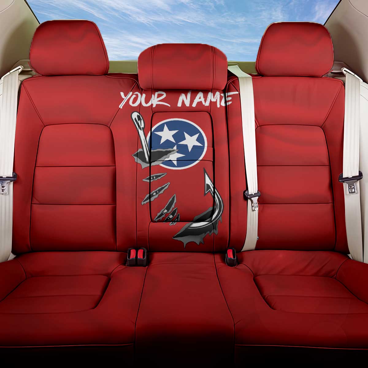 Tennessee Flag Fishing Back Car Seat Cover with Ripped Hook Graphic and Triple Star Symbol in Red and Blue - Wonder Print Shop
