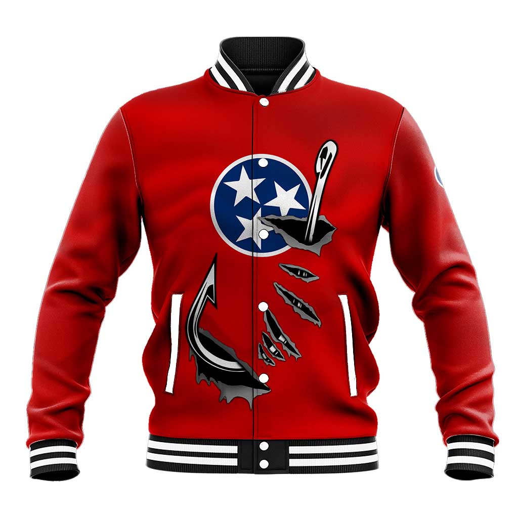 Tennessee Flag Fishing Baseball Jacket with Ripped Hook Graphic and Triple Star Symbol in Red and Blue - Wonder Print Shop