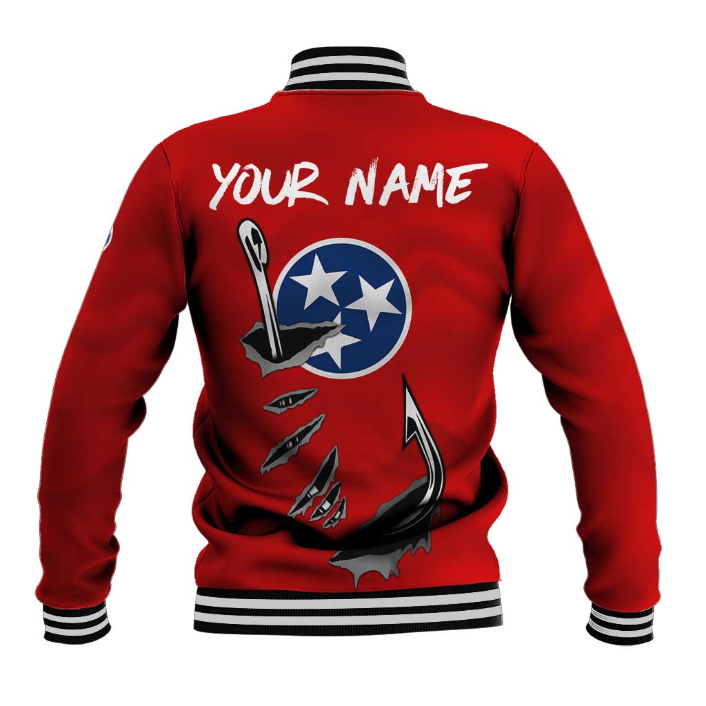 Tennessee Flag Fishing Baseball Jacket with Ripped Hook Graphic and Triple Star Symbol in Red and Blue - Wonder Print Shop