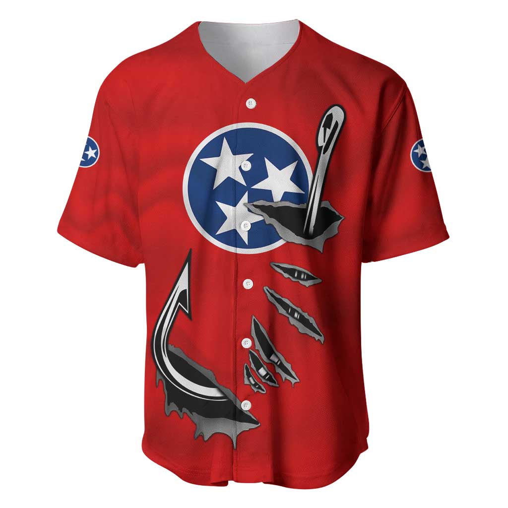 Tennessee Flag Fishing Baseball Jersey with Ripped Hook Graphic and Triple Star Symbol in Red and Blue - Wonder Print Shop