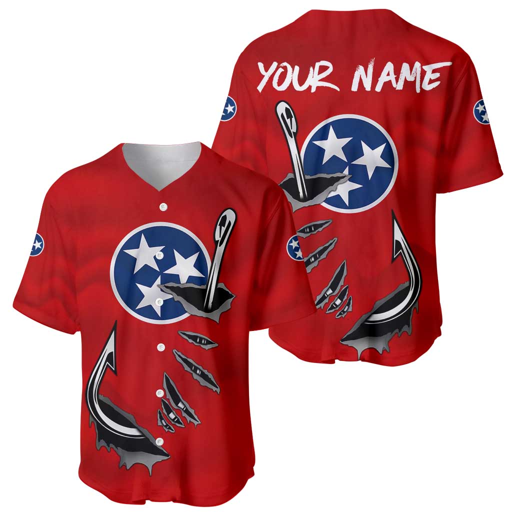 Tennessee Flag Fishing Baseball Jersey with Ripped Hook Graphic and Triple Star Symbol in Red and Blue - Wonder Print Shop