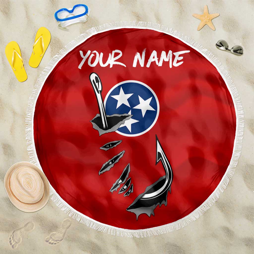 Tennessee Flag Fishing Beach Blanket with Ripped Hook Graphic and Triple Star Symbol in Red and Blue - Wonder Print Shop