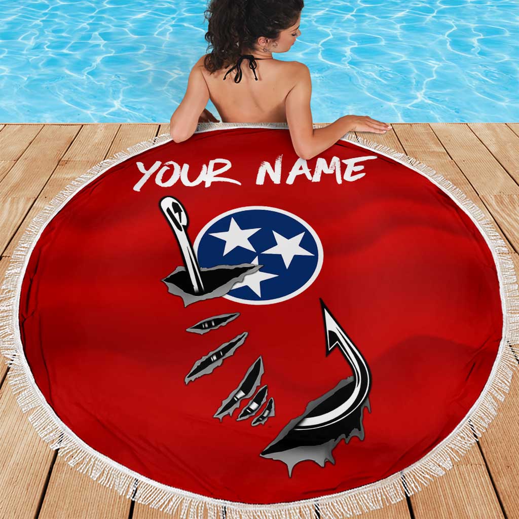 Tennessee Flag Fishing Beach Blanket with Ripped Hook Graphic and Triple Star Symbol in Red and Blue - Wonder Print Shop