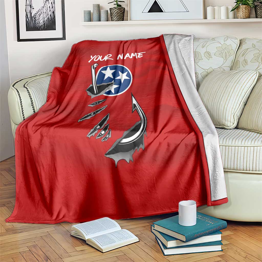 Tennessee Flag Fishing Blanket with Ripped Hook Graphic and Triple Star Symbol in Red and Blue - Wonder Print Shop