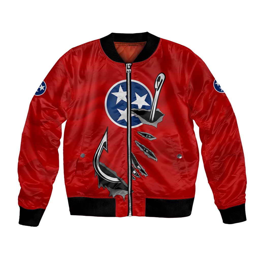 Tennessee Flag Fishing Bomber Jacket with Ripped Hook Graphic and Triple Star Symbol in Red and Blue - Wonder Print Shop