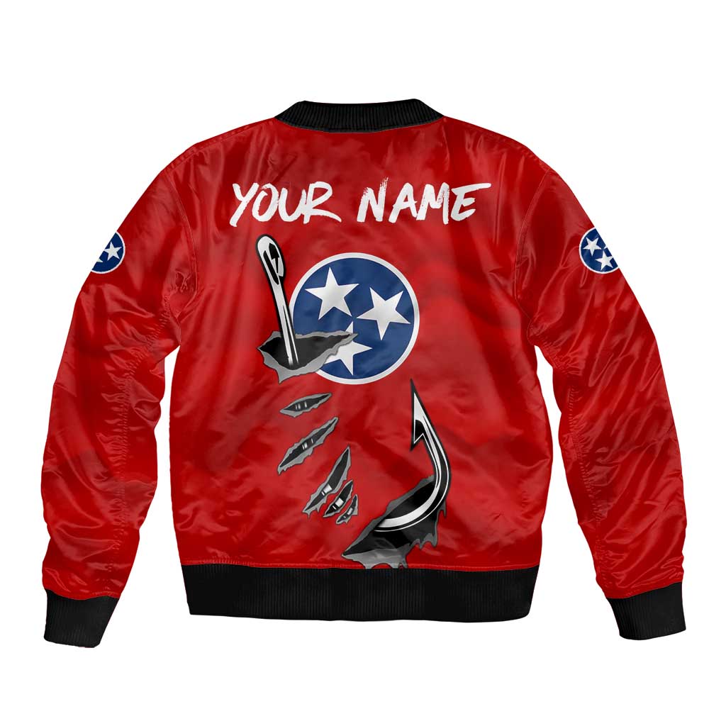 Tennessee Flag Fishing Bomber Jacket with Ripped Hook Graphic and Triple Star Symbol in Red and Blue - Wonder Print Shop