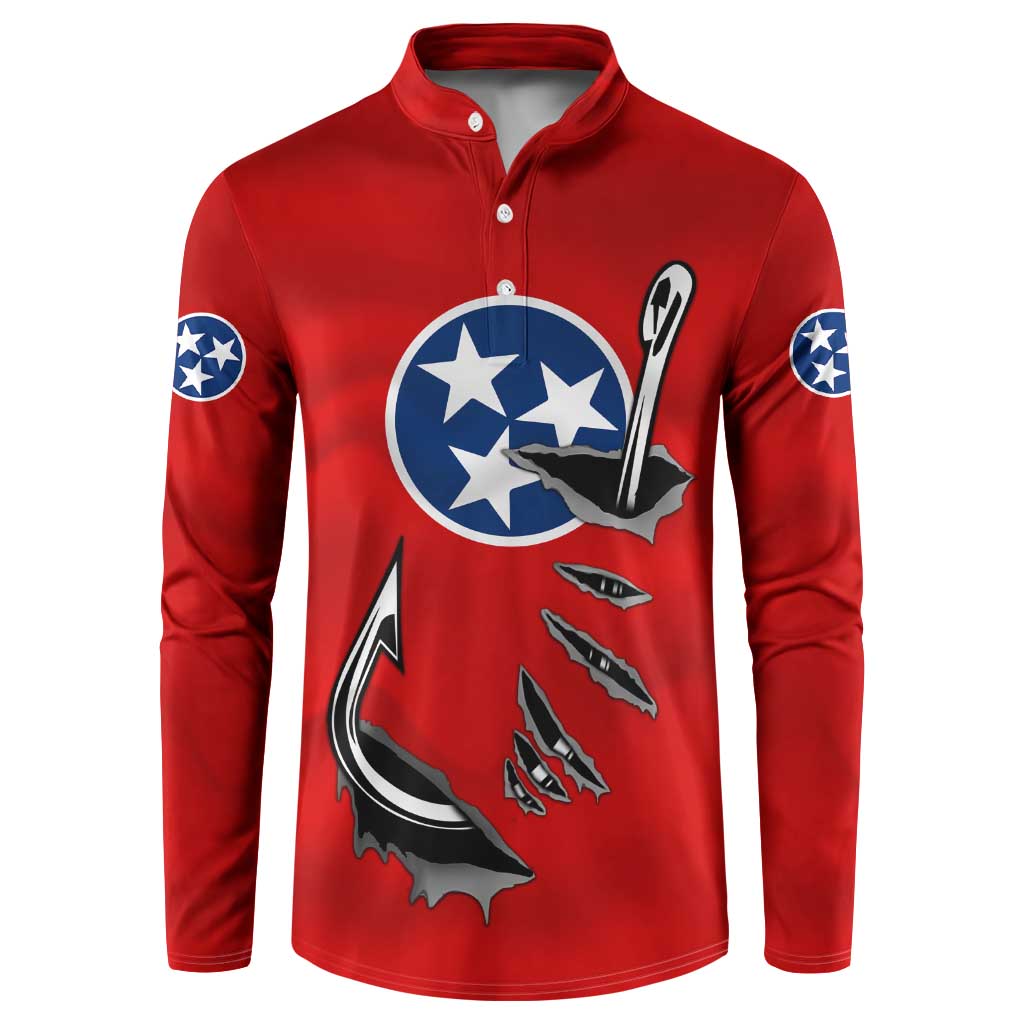 Tennessee Flag Fishing Button Sweatshirt with Ripped Hook Graphic and Triple Star Symbol in Red and Blue - Wonder Print Shop