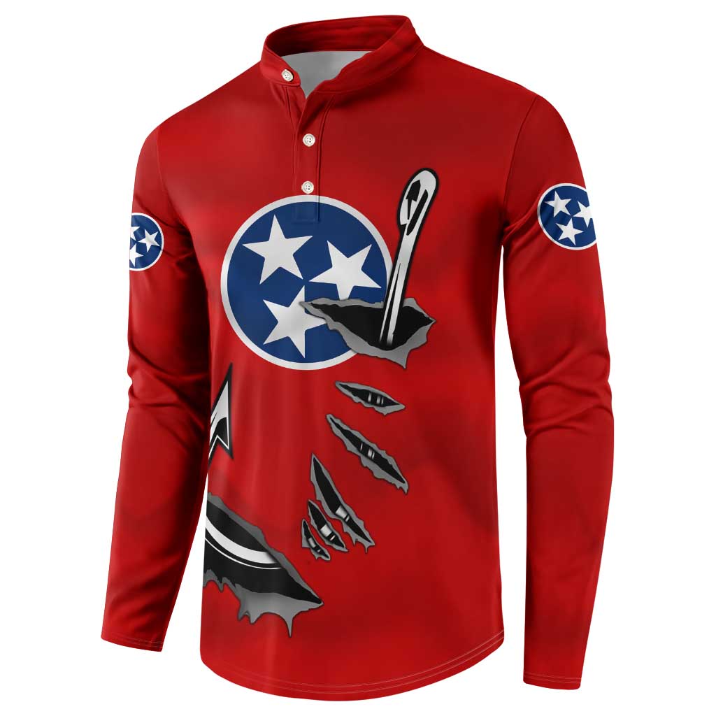 Tennessee Flag Fishing Button Sweatshirt with Ripped Hook Graphic and Triple Star Symbol in Red and Blue - Wonder Print Shop
