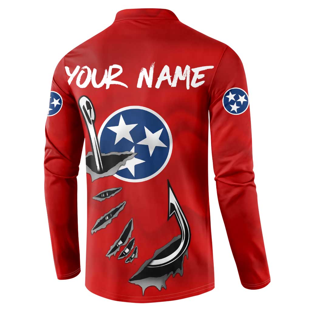 Tennessee Flag Fishing Button Sweatshirt with Ripped Hook Graphic and Triple Star Symbol in Red and Blue - Wonder Print Shop