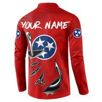 Tennessee Flag Fishing Button Sweatshirt with Ripped Hook Graphic and Triple Star Symbol in Red and Blue - Wonder Print Shop
