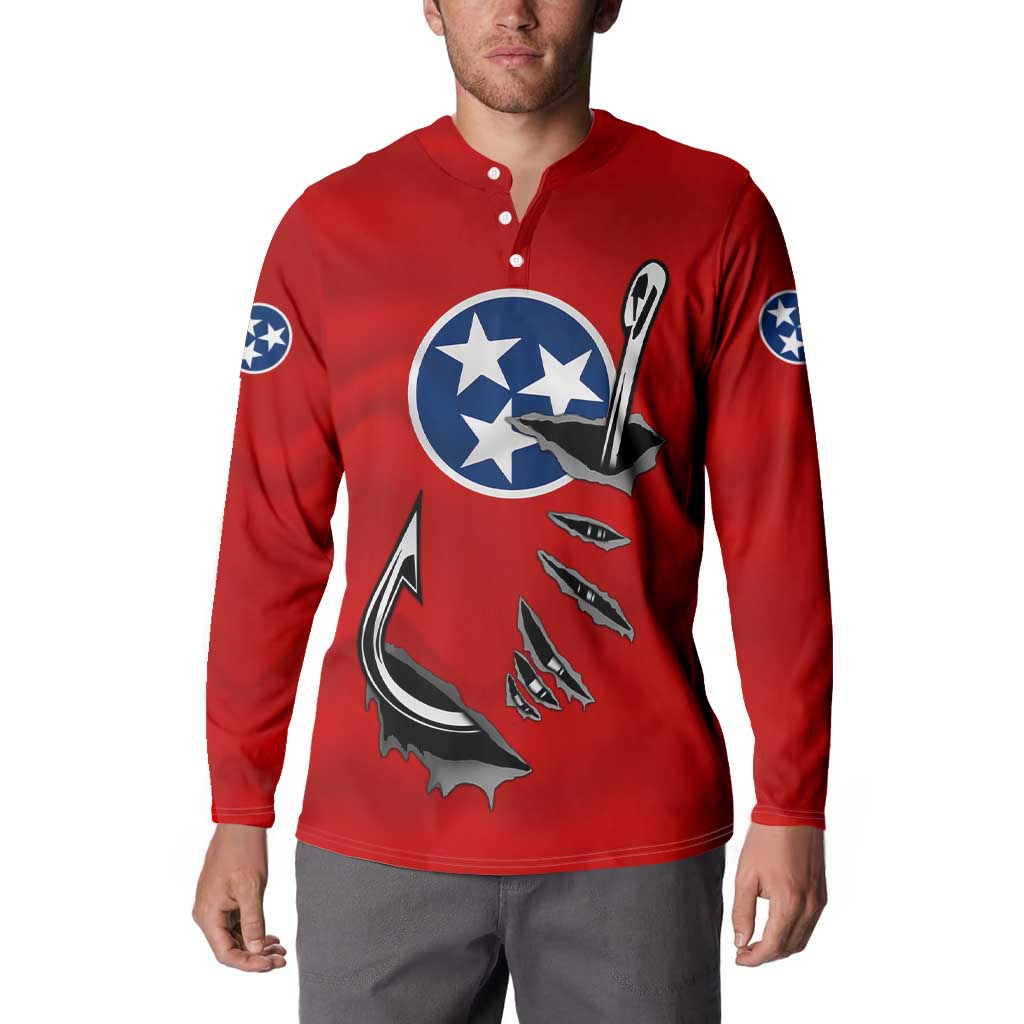 Tennessee Flag Fishing Button Sweatshirt with Ripped Hook Graphic and Triple Star Symbol in Red and Blue - Wonder Print Shop