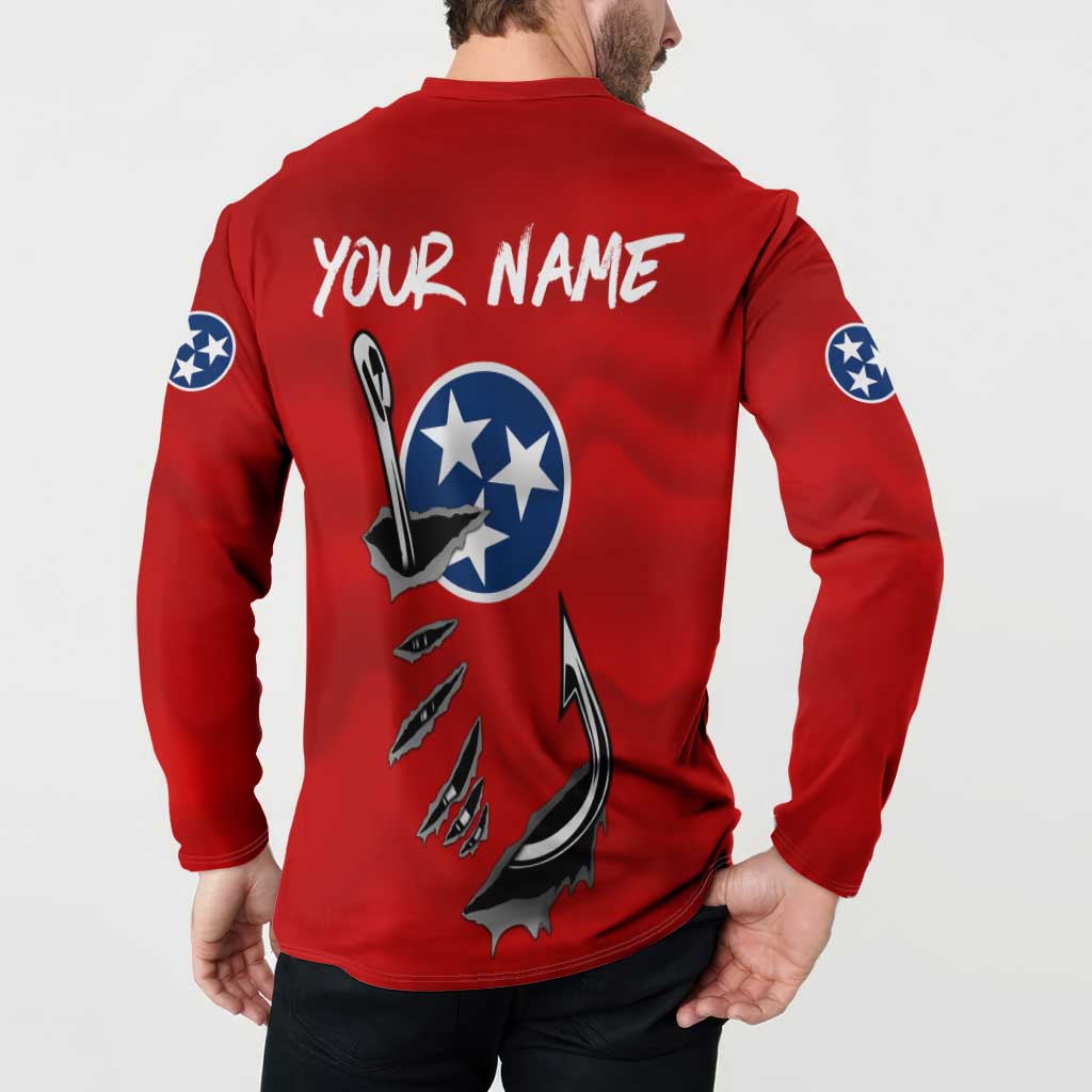 Tennessee Flag Fishing Button Sweatshirt with Ripped Hook Graphic and Triple Star Symbol in Red and Blue - Wonder Print Shop