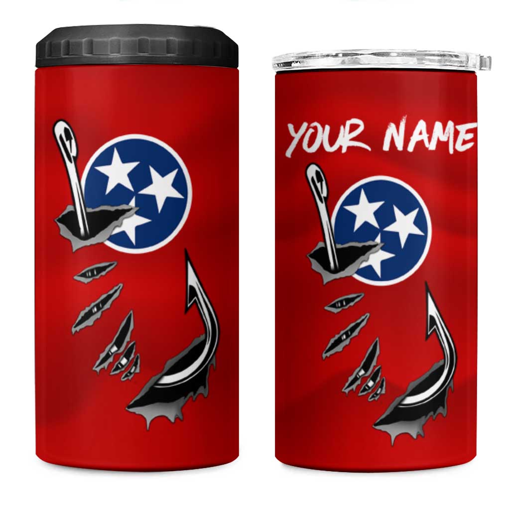 Tennessee Flag Fishing 4 in 1 Can Cooler Tumbler with Ripped Hook Graphic and Triple Star Symbol in Red and Blue - Wonder Print Shop