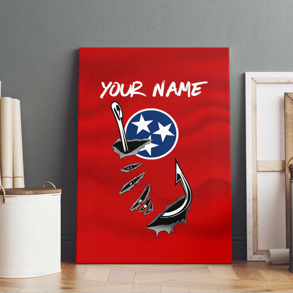 Tennessee Flag Fishing Canvas Wall Art with Ripped Hook Graphic and Triple Star Symbol in Red and Blue - Wonder Print Shop