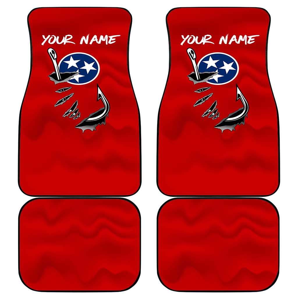 Tennessee Flag Fishing Car Mats with Ripped Hook Graphic and Triple Star Symbol in Red and Blue - Wonder Print Shop