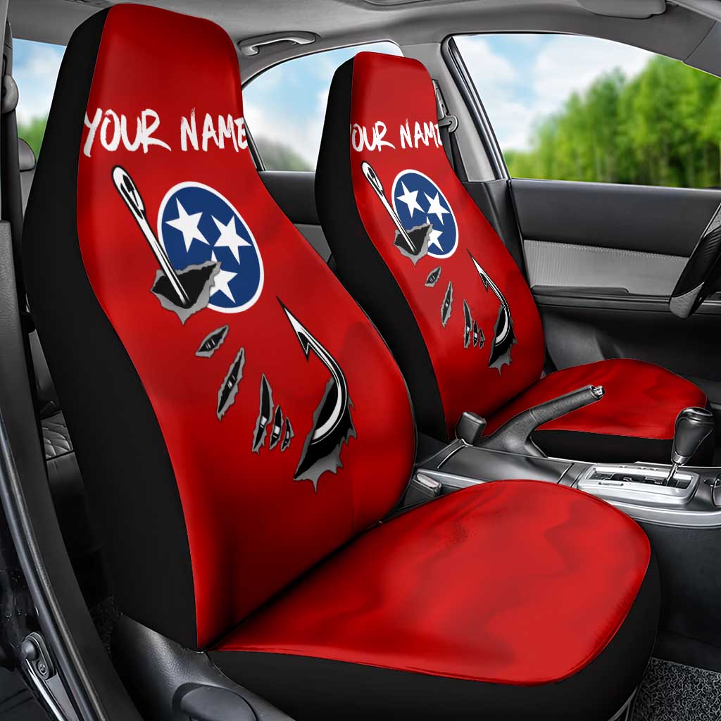 Tennessee Flag Fishing Car Seat Cover with Ripped Hook Graphic and Triple Star Symbol in Red and Blue - Wonder Print Shop