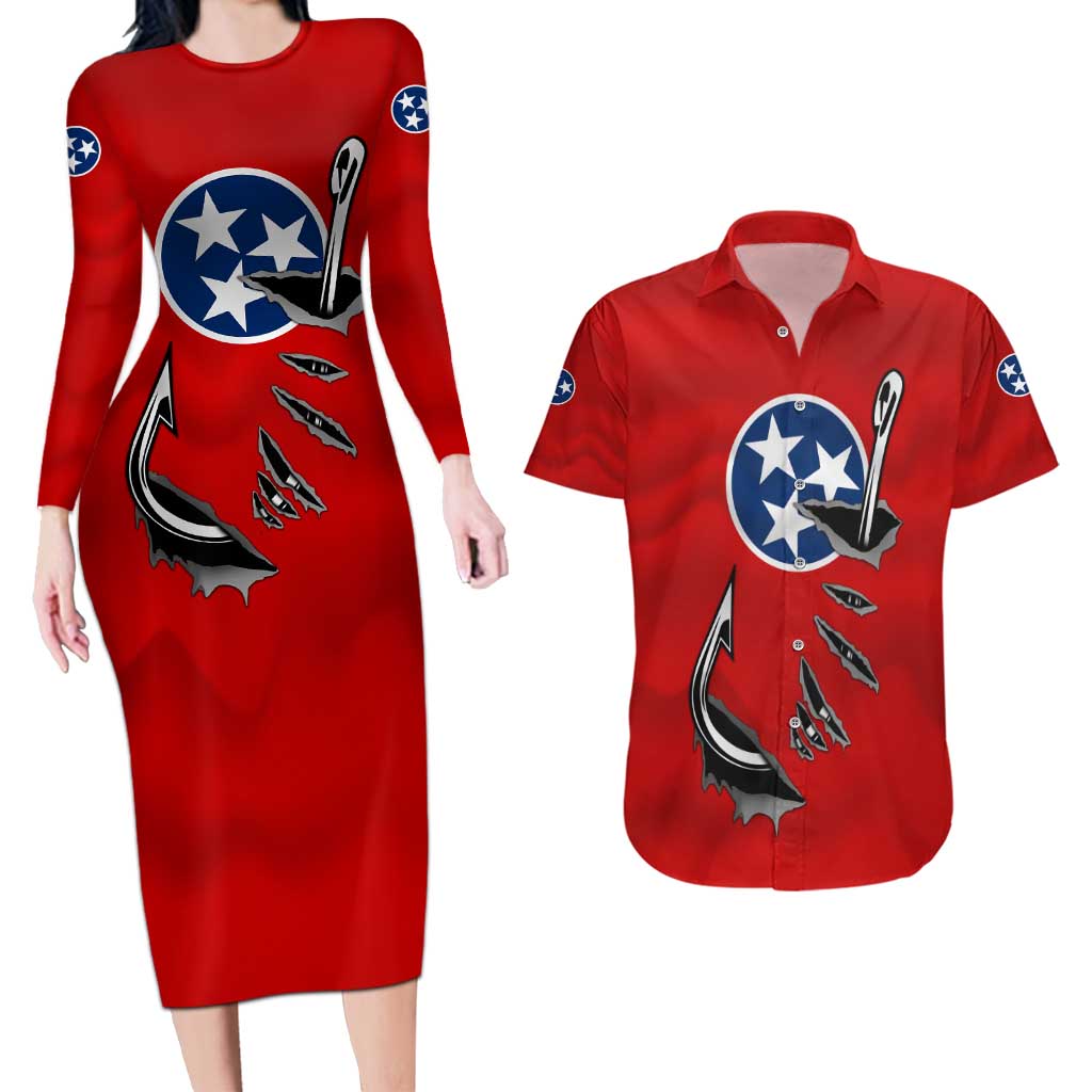 Tennessee Flag Fishing Couples Matching Long Sleeve Bodycon Dress and Hawaiian Shirt with Ripped Hook Graphic and Triple Star Symbol in Red and Blue - Wonder Print Shop