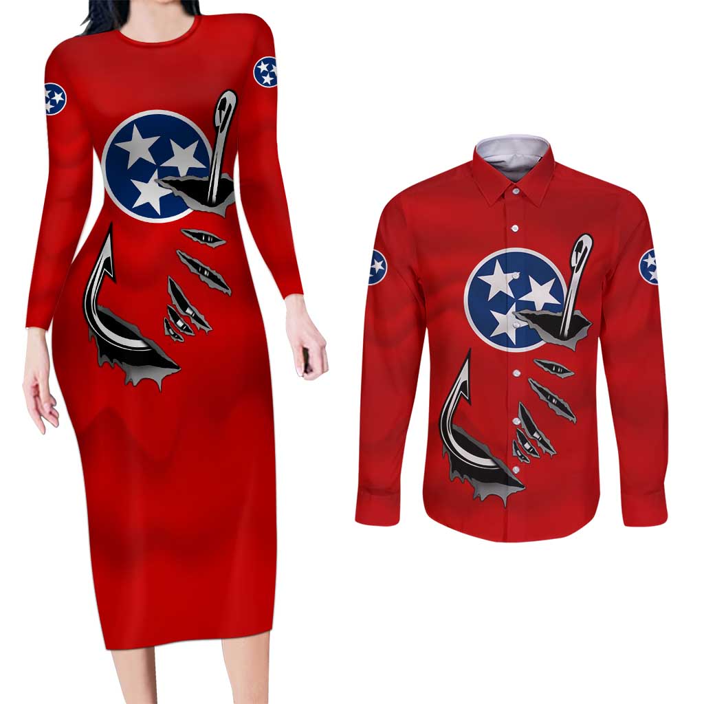 Tennessee Flag Fishing Couples Matching Long Sleeve Bodycon Dress and Long Sleeve Button Shirt with Ripped Hook Graphic and Triple Star Symbol in Red and Blue - Wonder Print Shop