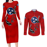 Tennessee Flag Fishing Couples Matching Long Sleeve Bodycon Dress and Long Sleeve Button Shirt with Ripped Hook Graphic and Triple Star Symbol in Red and Blue - Wonder Print Shop