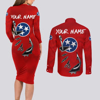 Tennessee Flag Fishing Couples Matching Long Sleeve Bodycon Dress and Long Sleeve Button Shirt with Ripped Hook Graphic and Triple Star Symbol in Red and Blue - Wonder Print Shop