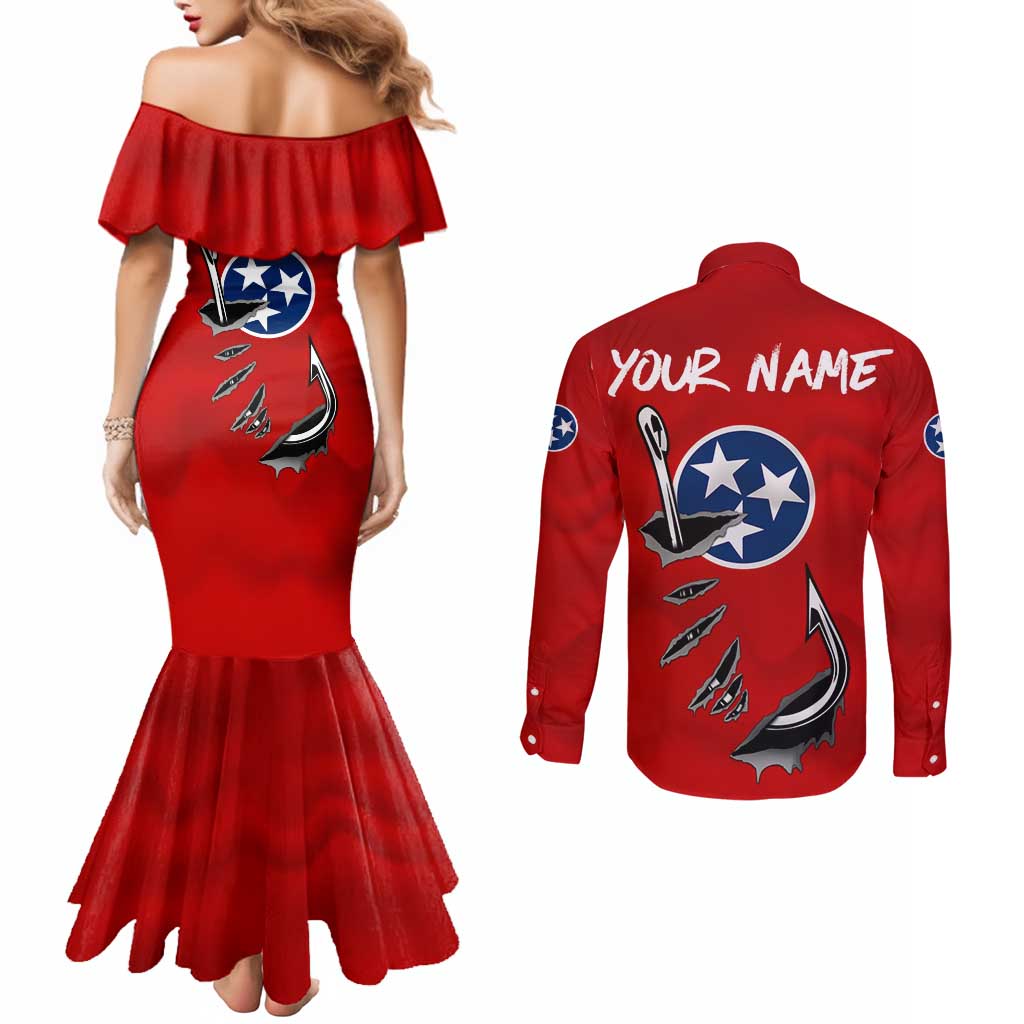 Tennessee Flag Fishing Couples Matching Mermaid Dress and Long Sleeve Button Shirt with Ripped Hook Graphic and Triple Star Symbol in Red and Blue - Wonder Print Shop