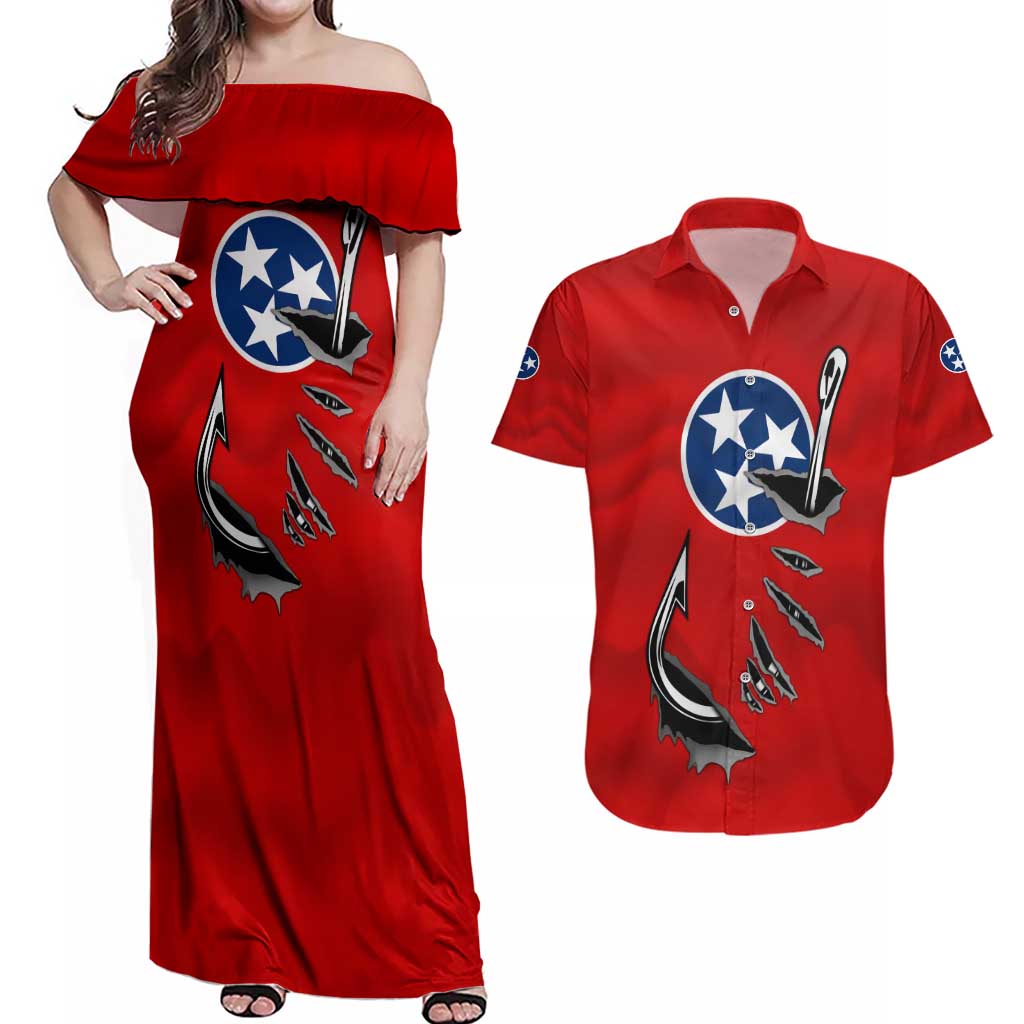 Tennessee Flag Fishing Couples Matching Off Shoulder Maxi Dress and Hawaiian Shirt with Ripped Hook Graphic and Triple Star Symbol in Red and Blue - Wonder Print Shop