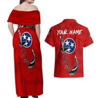 Tennessee Flag Fishing Couples Matching Off Shoulder Maxi Dress and Hawaiian Shirt with Ripped Hook Graphic and Triple Star Symbol in Red and Blue - Wonder Print Shop
