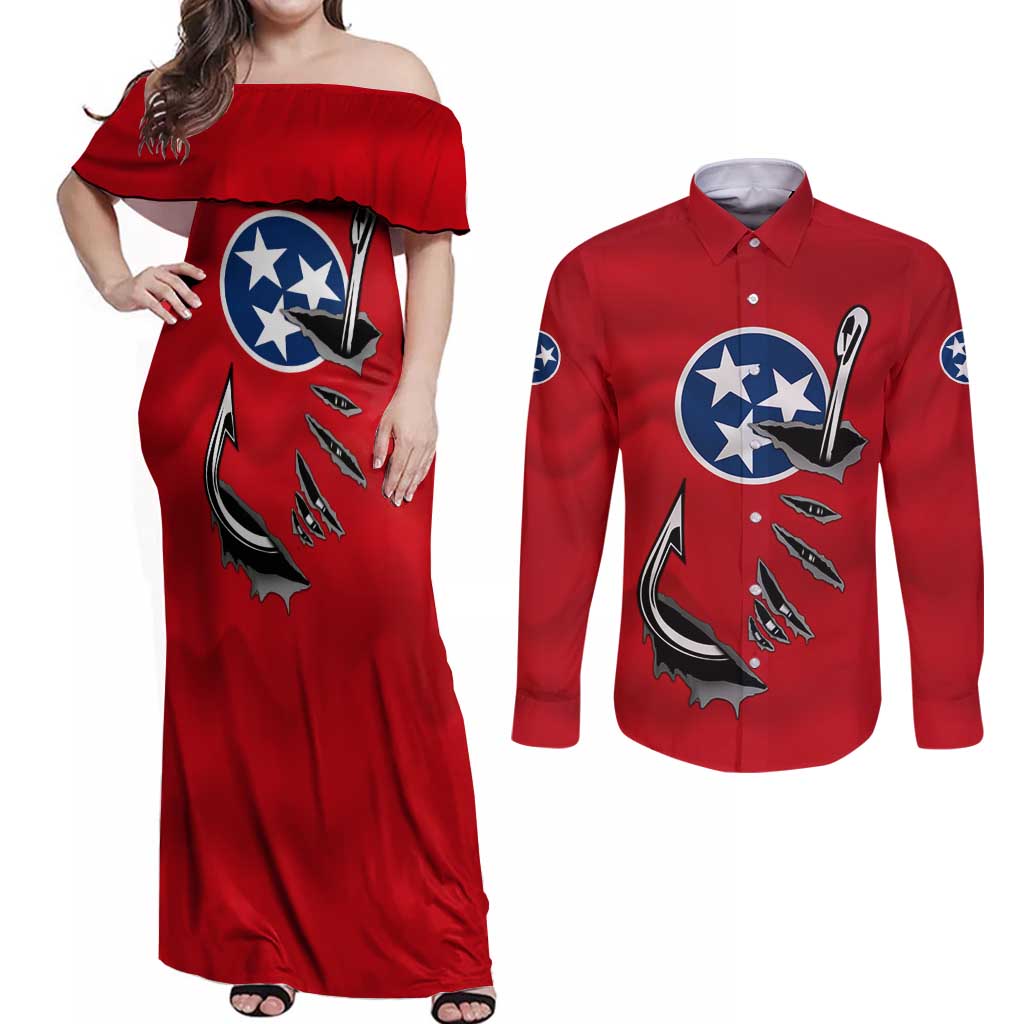 Tennessee Flag Fishing Couples Matching Off Shoulder Maxi Dress and Long Sleeve Button Shirt with Ripped Hook Graphic and Triple Star Symbol in Red and Blue - Wonder Print Shop
