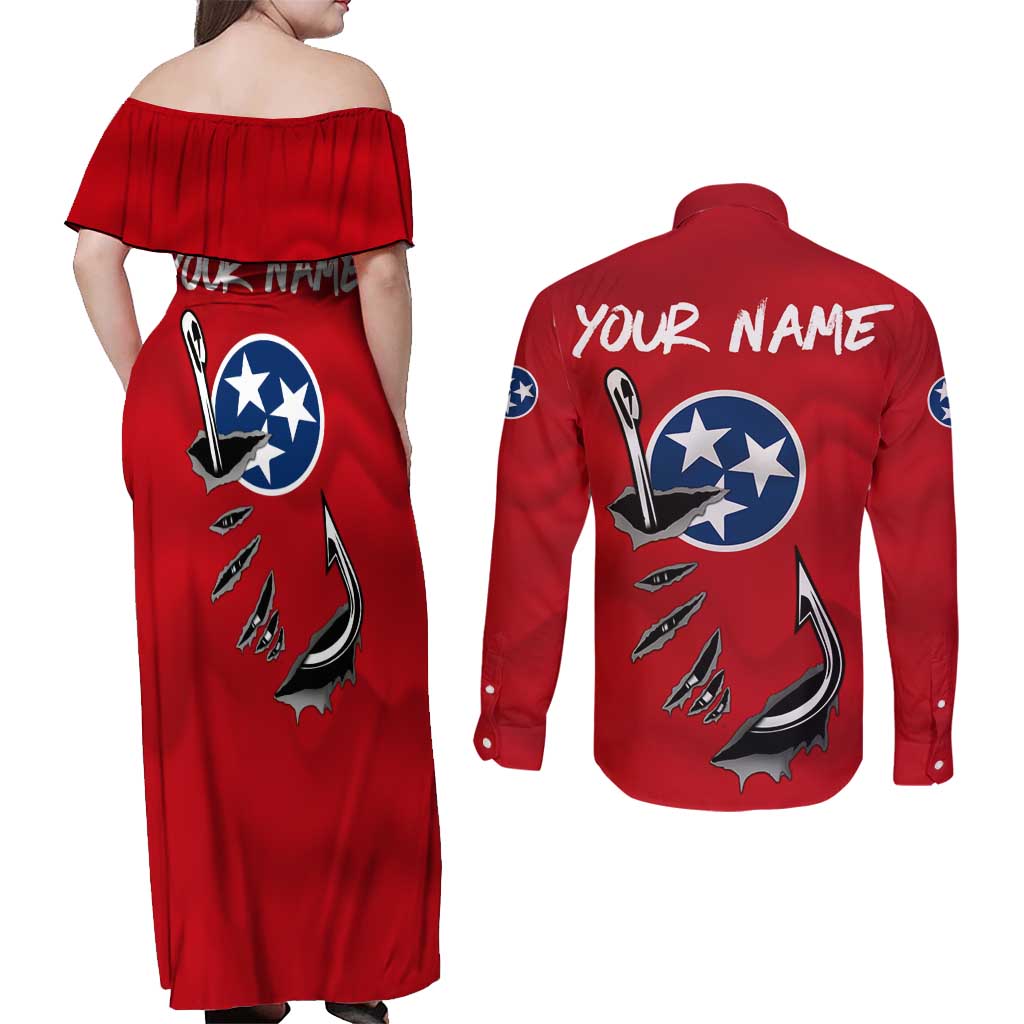 Tennessee Flag Fishing Couples Matching Off Shoulder Maxi Dress and Long Sleeve Button Shirt with Ripped Hook Graphic and Triple Star Symbol in Red and Blue - Wonder Print Shop