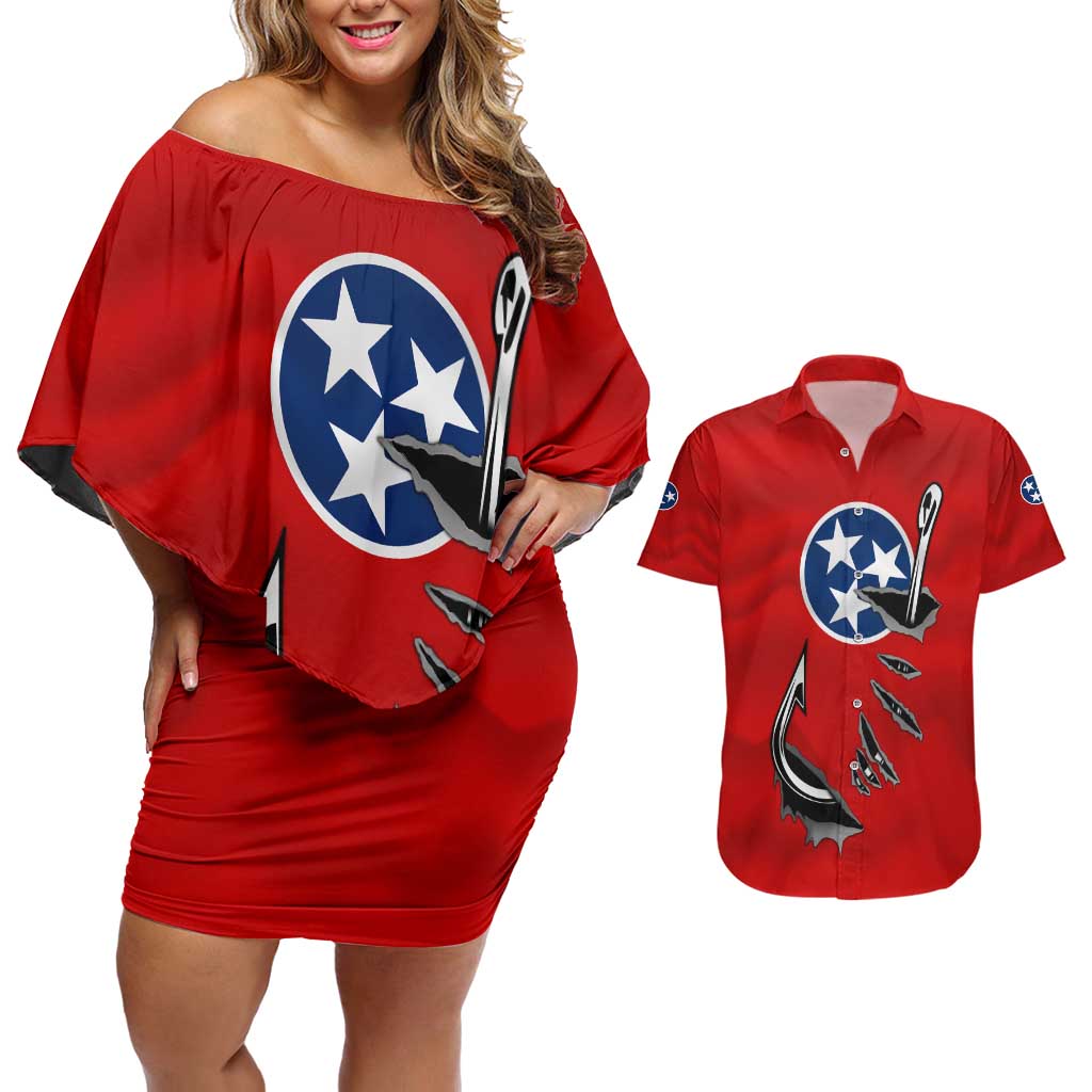 Tennessee Flag Fishing Couples Matching Off Shoulder Short Dress and Hawaiian Shirt with Ripped Hook Graphic and Triple Star Symbol in Red and Blue - Wonder Print Shop